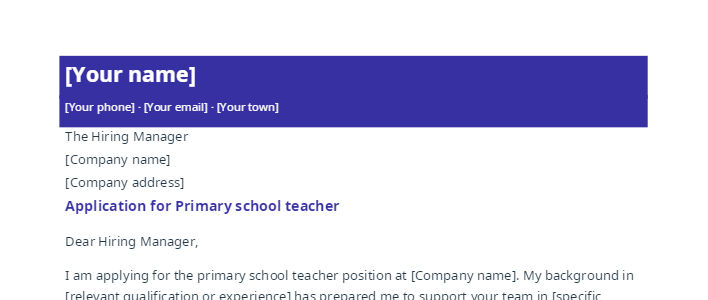 Primary school teacher cover letter sample